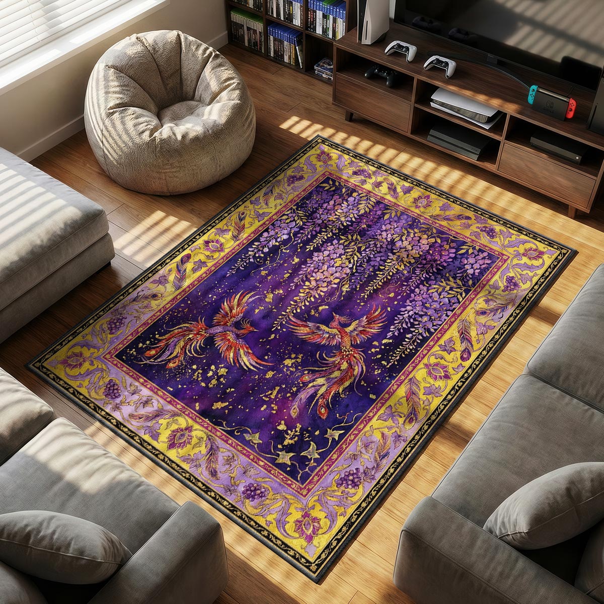 Close-up of wisteria phoenix rug showing crimson feather detail and velvet fiber texture