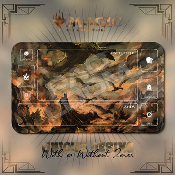 Witch-King Storm MTG playmat, brown and orange art with play zones, 24 x 14 in