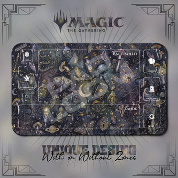 Witchy Celestial MTG playmat, gray and navy art with play zones, 24 x 14 in