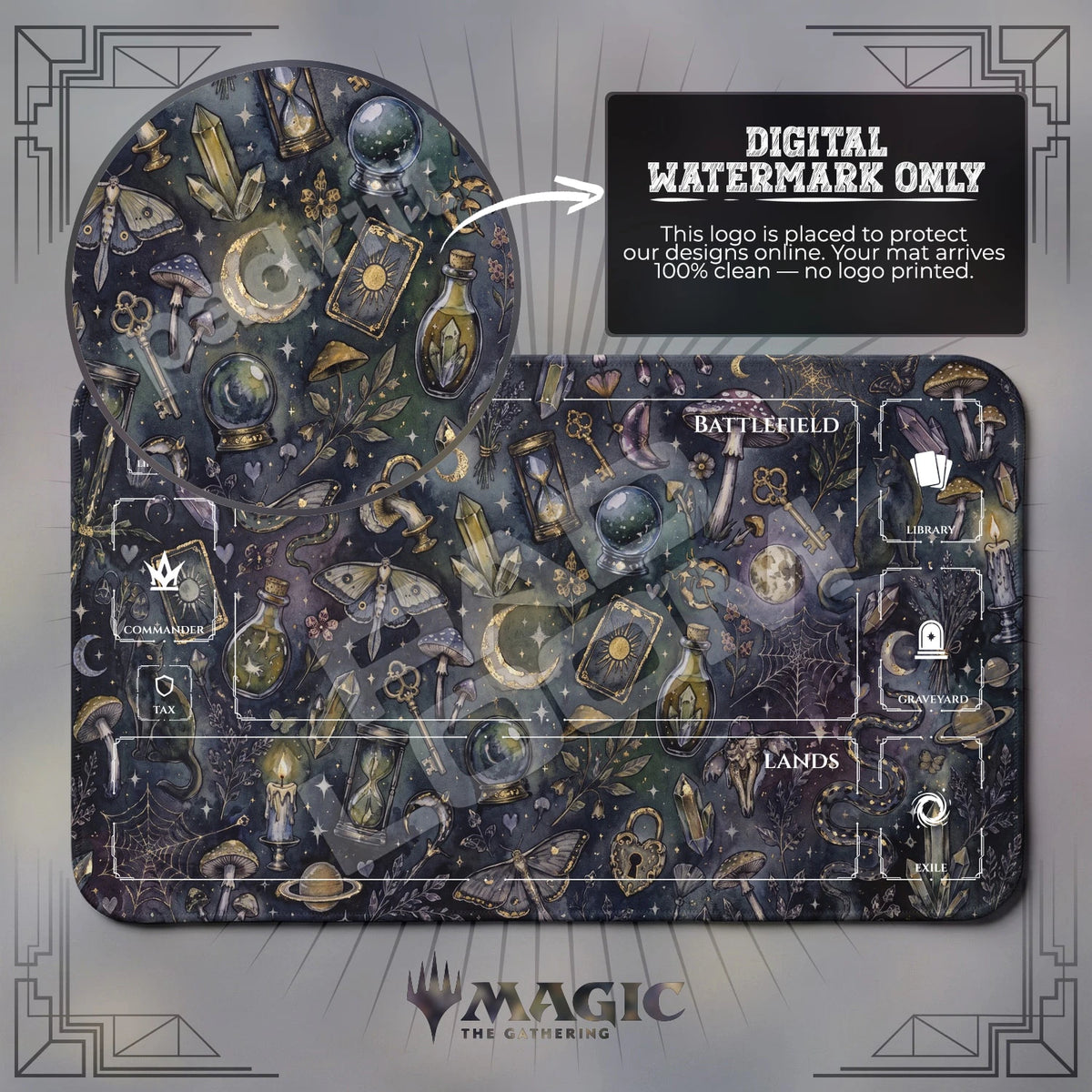 Witchy Celestial MTG playmat with zones; the Padloom watermark is digital only, not printed