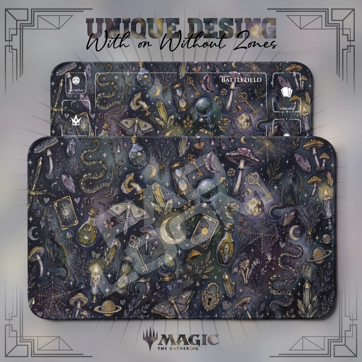 Witchy Celestial MTG playmat shown with zones and without zones