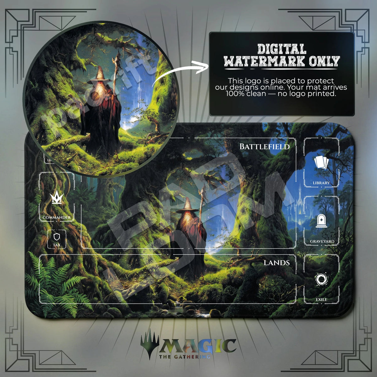 Wizard Grove MTG playmat with zones; the Padloom watermark is digital only, not printed
