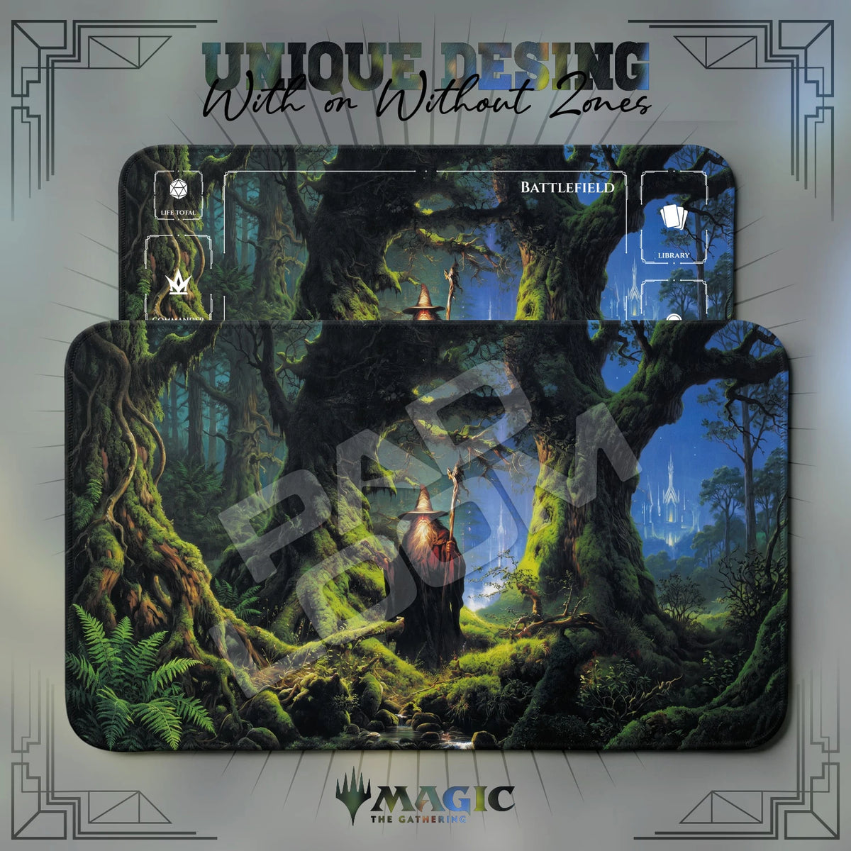 Wizard Grove MTG playmat shown with zones and without zones