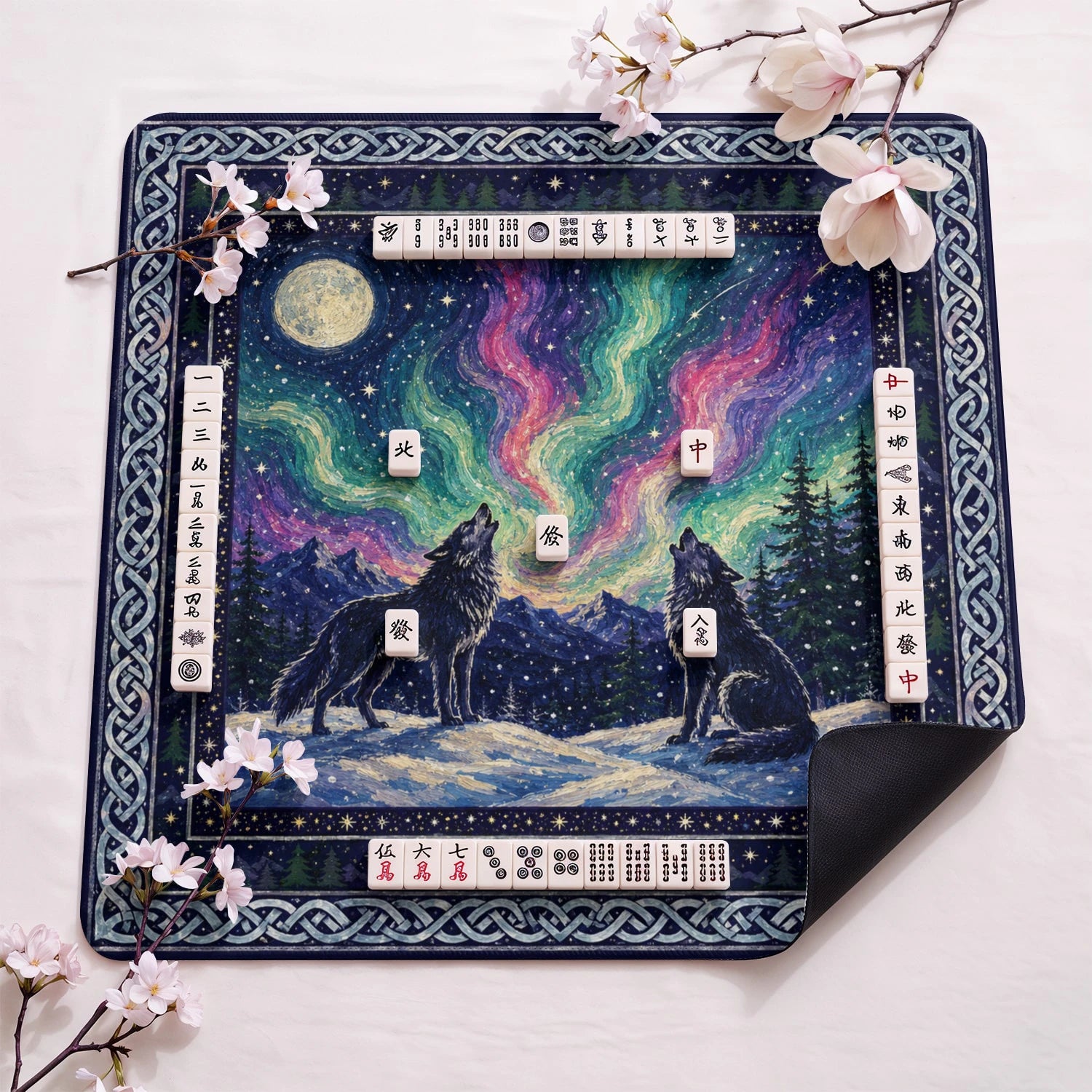 Wolf Moon design close-up on mahjong mat surface