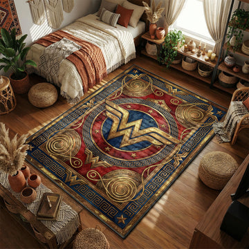Wonder Woman iconic W logo and Lasso of Truth vintage Grecian art style movie themed area rug and home theater mat