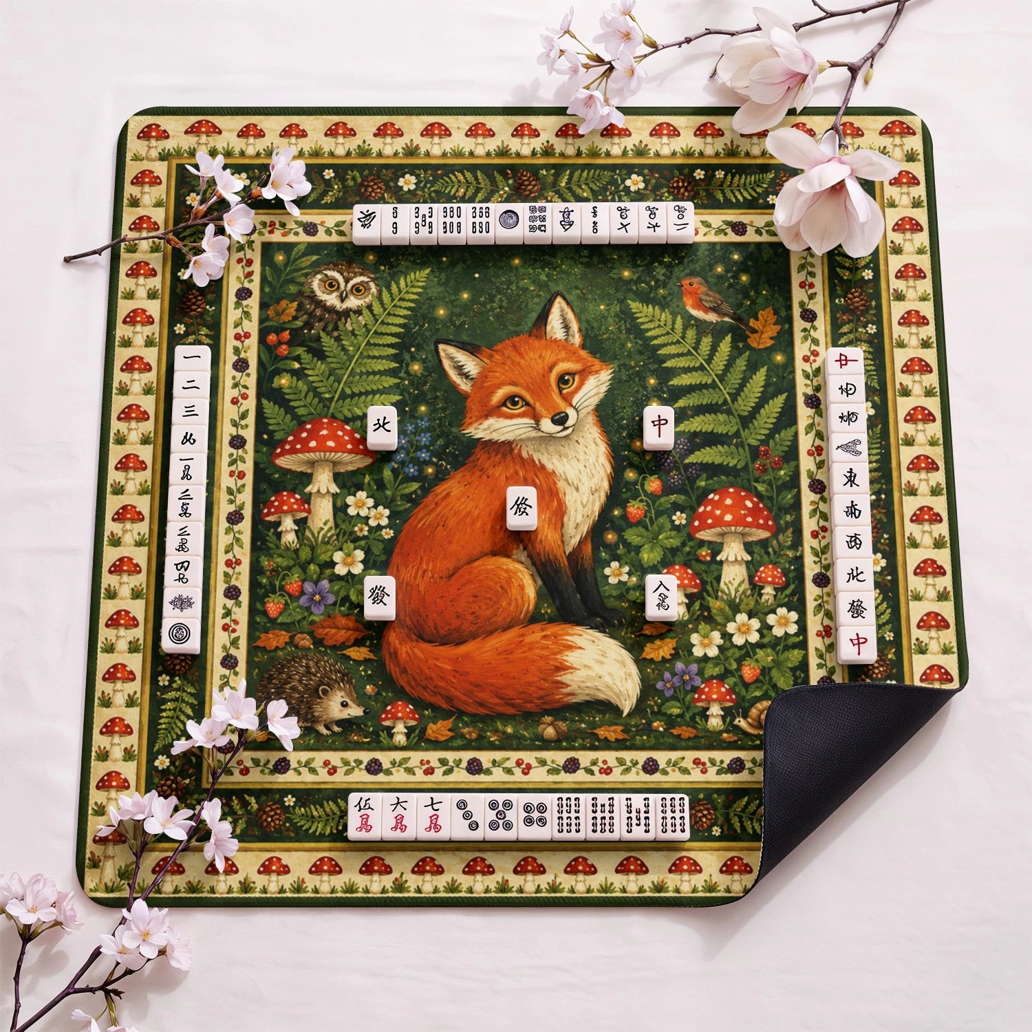 Woodland Fox design close-up on mahjong mat surface