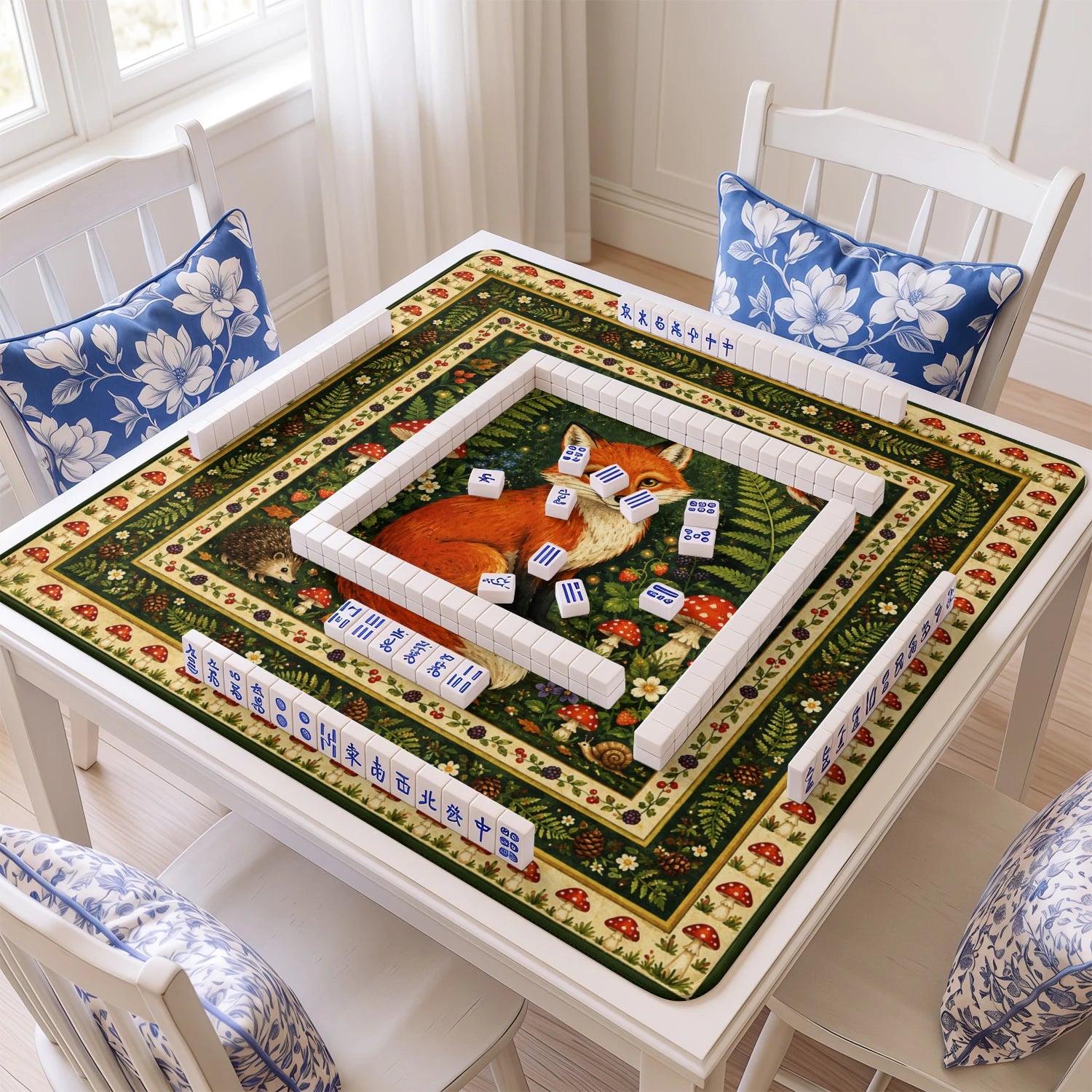 Woodland Fox mahjong mat with tiles and racks on the table