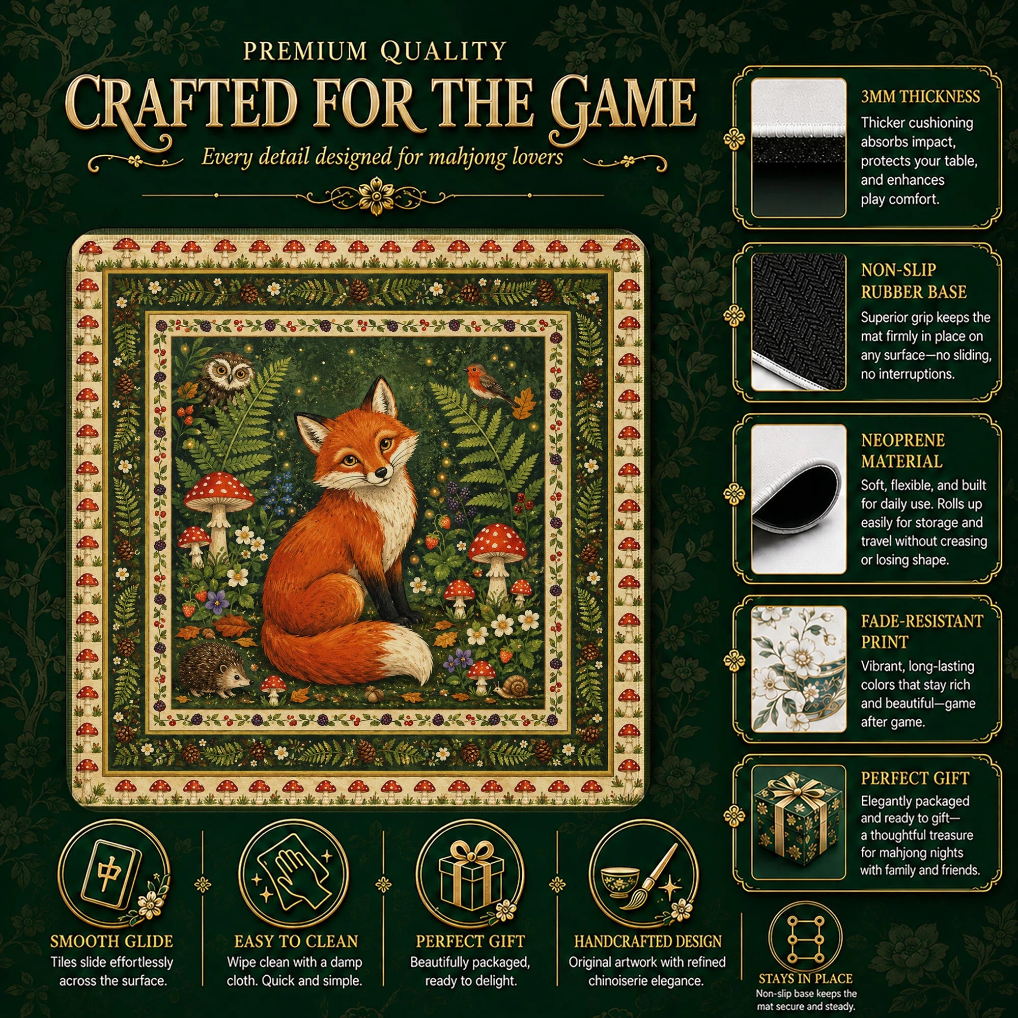 Woodland Fox Mahjong Mat – neoprene mah jongg table mat