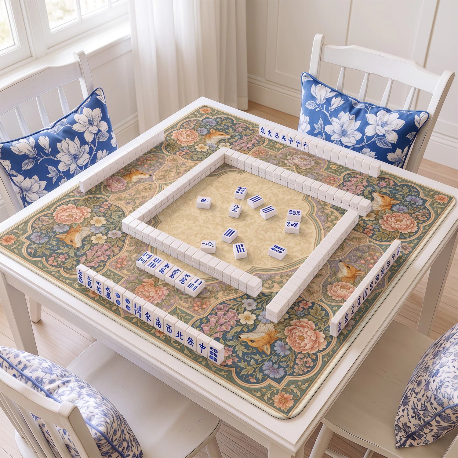Woodland Fox mahjong mat with tiles and racks on the table