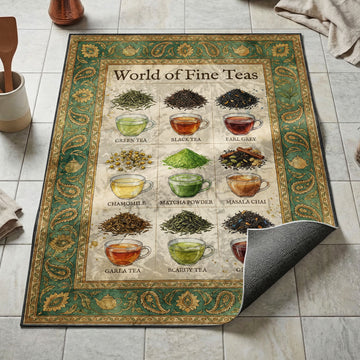 Nine illustrated teas kitchen mat with green tea matcha and masala chai on teal paisley border