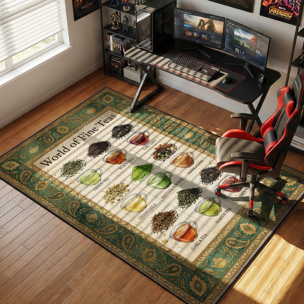 World of fine teas kitchen rug on light hardwood floor near a ceramic teapot and tea canisters