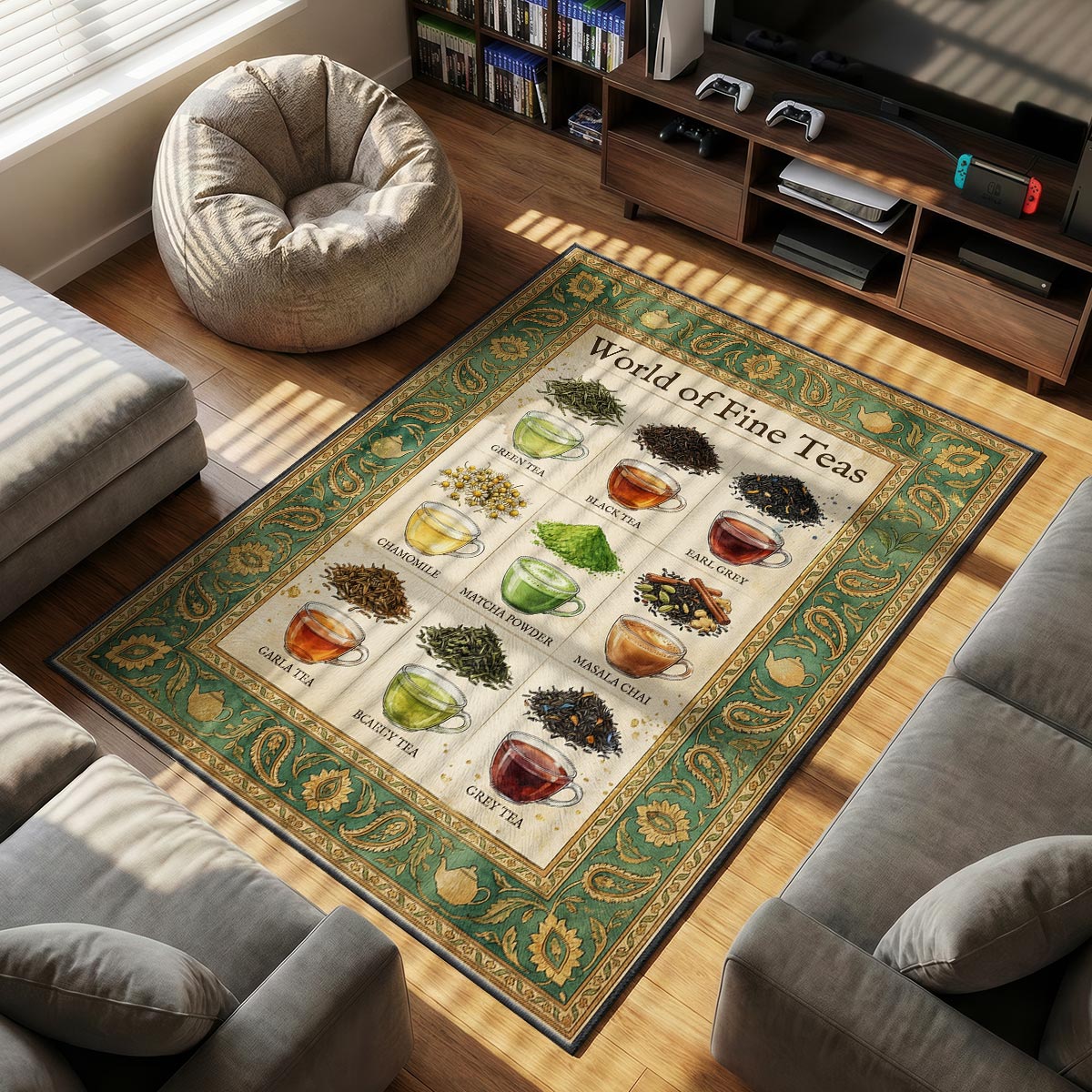Close-up of tea collection mat showing matcha powder illustration detail and gold paisley border texture