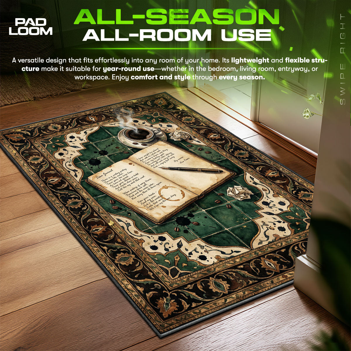 Area themed rug edge stitching detail