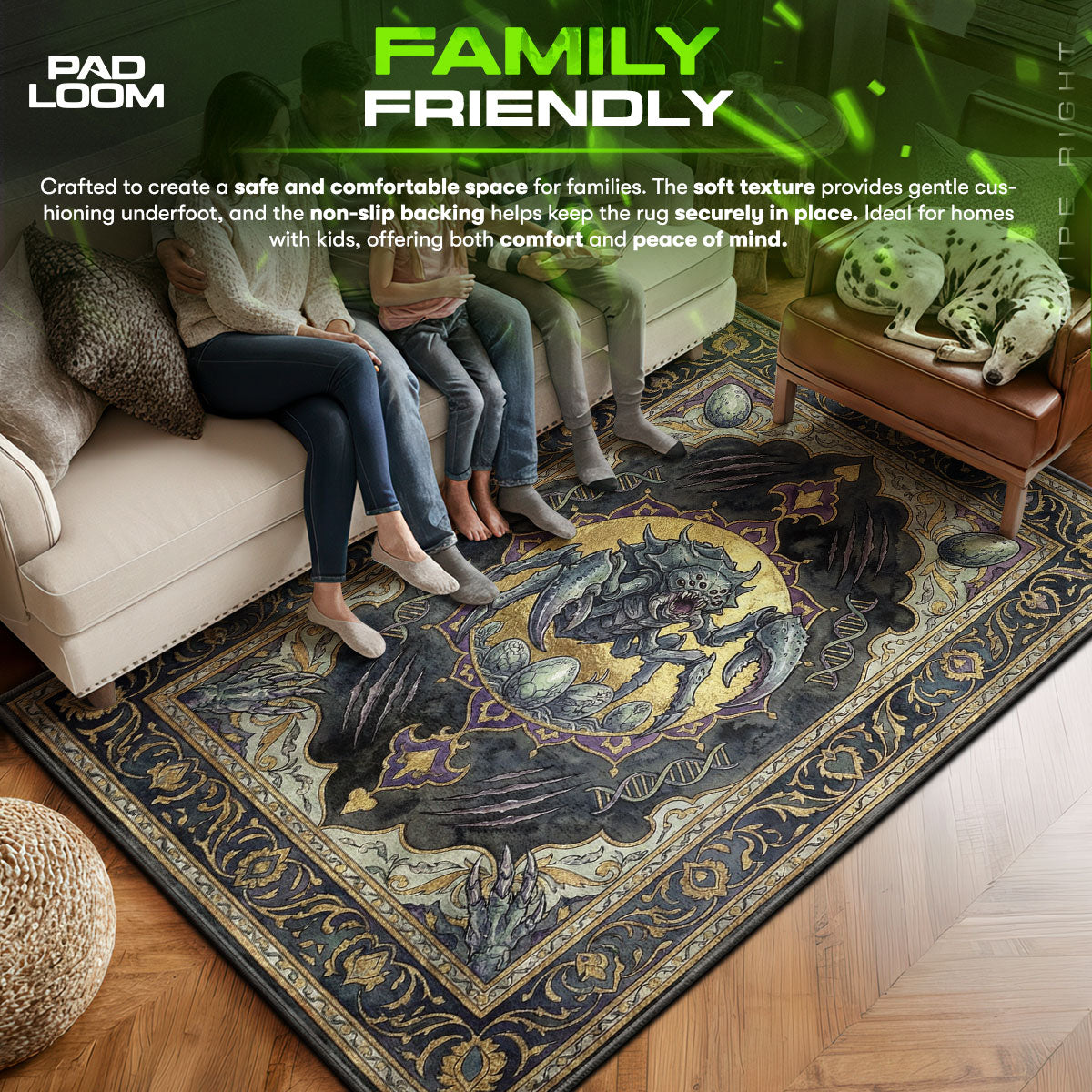 Alien area rug showing full home decor artwork