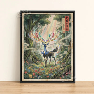 Xerneas Rainbow Pokemon poster - framed canvas wall art in a black frame
