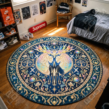 Xerneas Rainbow Pokemon round rug on a bedroom floor - Pokemon chair mat