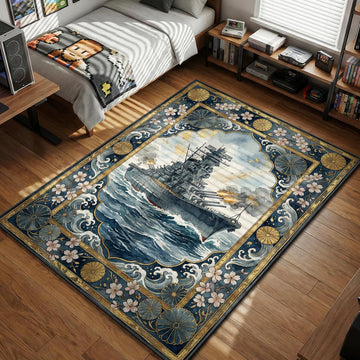 IJN Yamato battleship firing main batteries in a traditional Japanese watercolor art style gaming area rug and floor mat