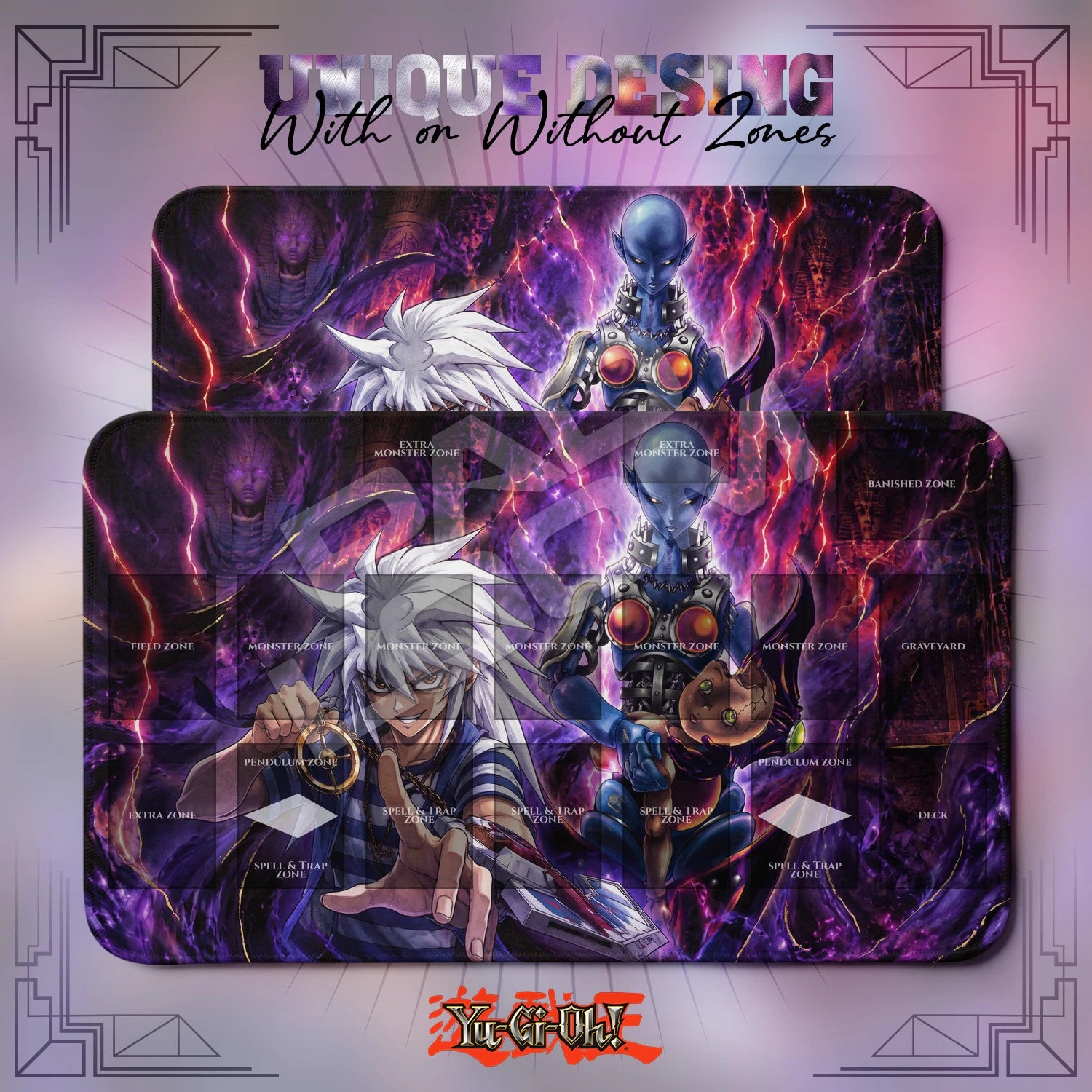 Yami Bakura Shadow Playmat – With Zones and Without Zones layouts compared
