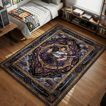 Yami Sukehiro holding katana surrounded by purple dark magic aura in ornate oriental border area rug and floor mat