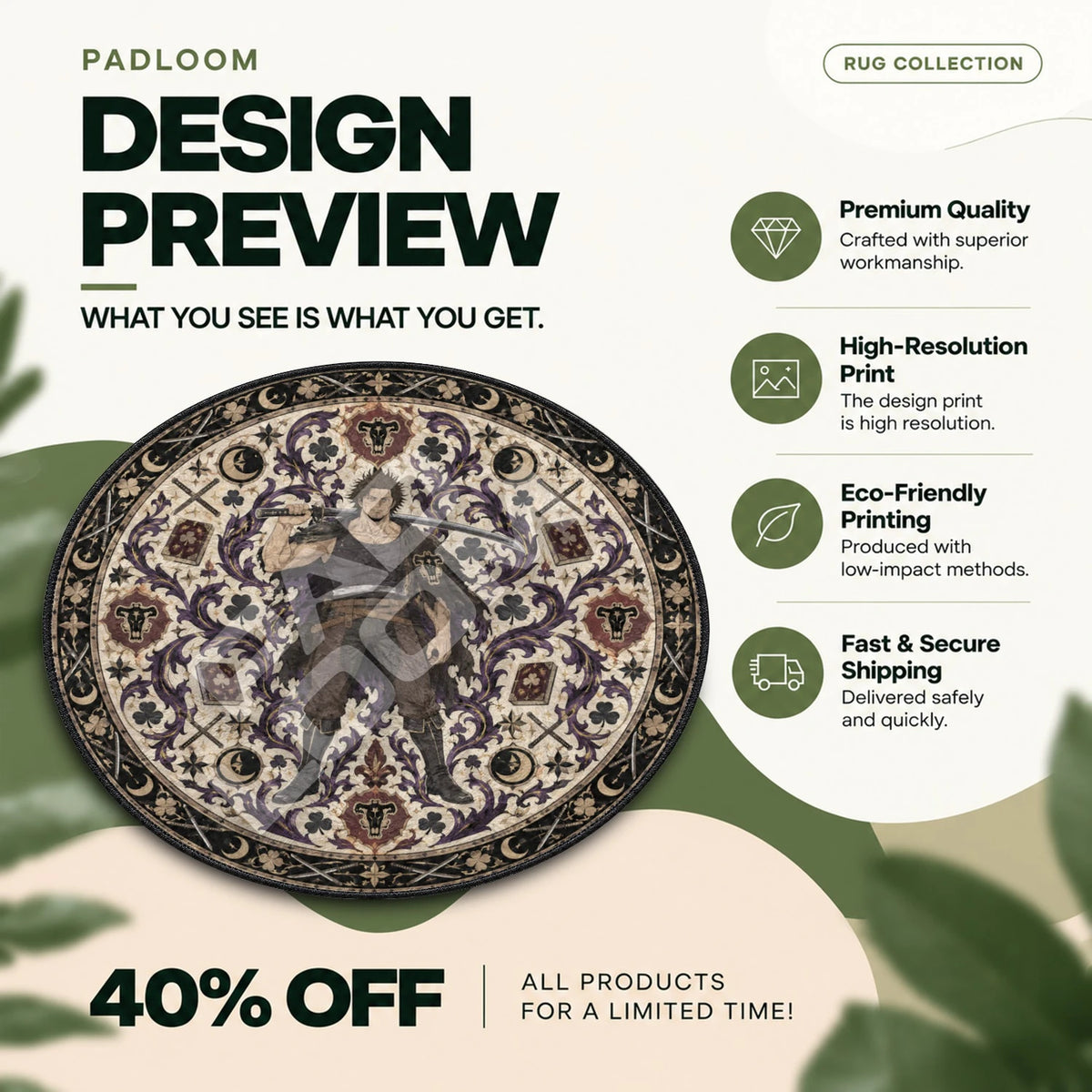 Yami Katana Black Clover round rug full design preview