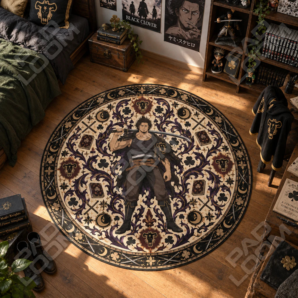 Yami Katana round rug shown in a styled room - Black Clover area rug