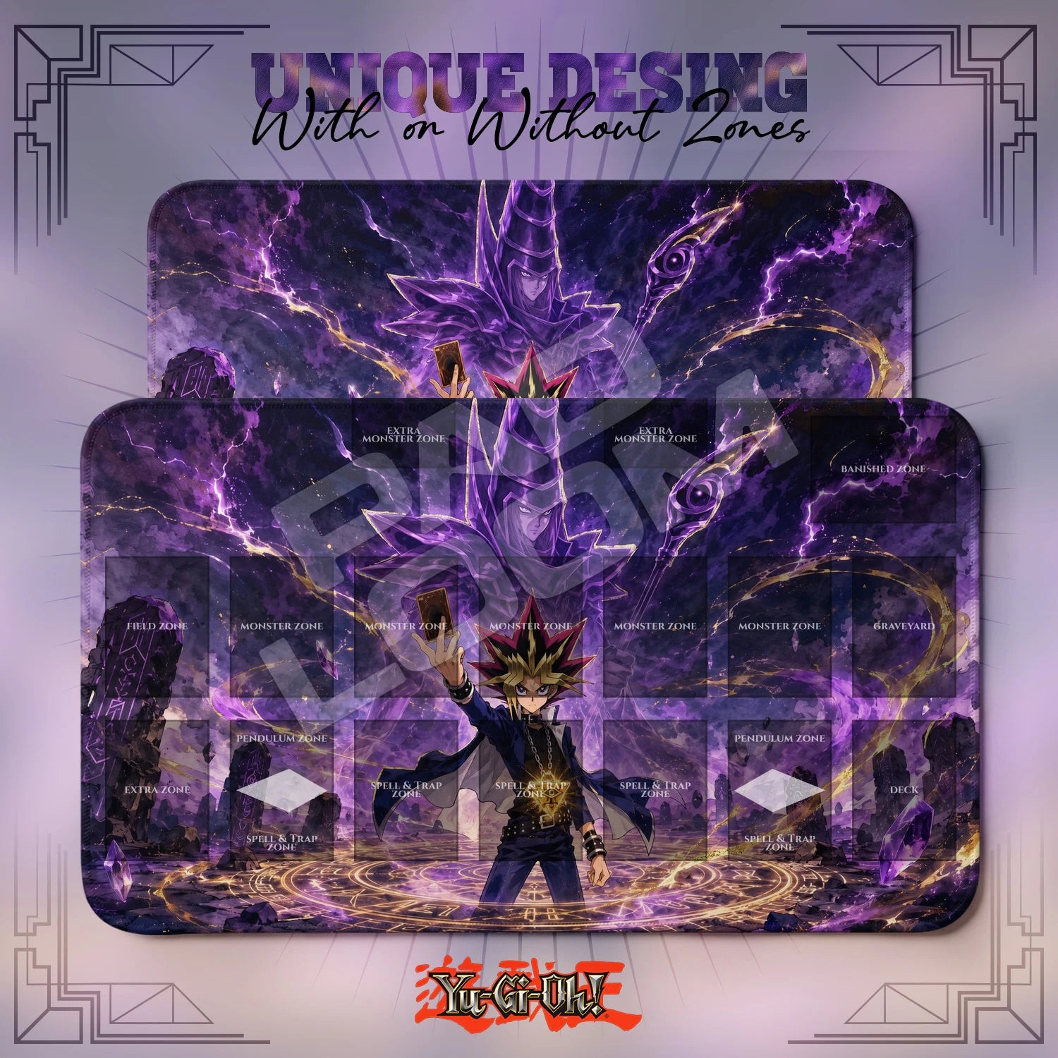 Yami Yugi Arcane Playmat – With Zones and Without Zones layouts compared