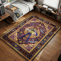Yami Yugi standing with glowing Millennium Puzzle and Dark Magician in royal purple Persian art style area rug and floor mat