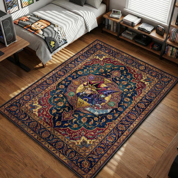Yami Yugi and Dark Magician inside an ornate floral medallion in traditional Persian art style area rug and floor mat