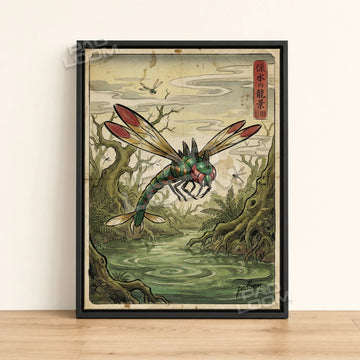 Yanmega Hovering Pokemon poster - framed canvas wall art in a black frame