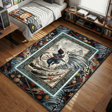 Yasuo summoning tornado with autumn leaves in traditional ink wash style gaming area rug and floor mat