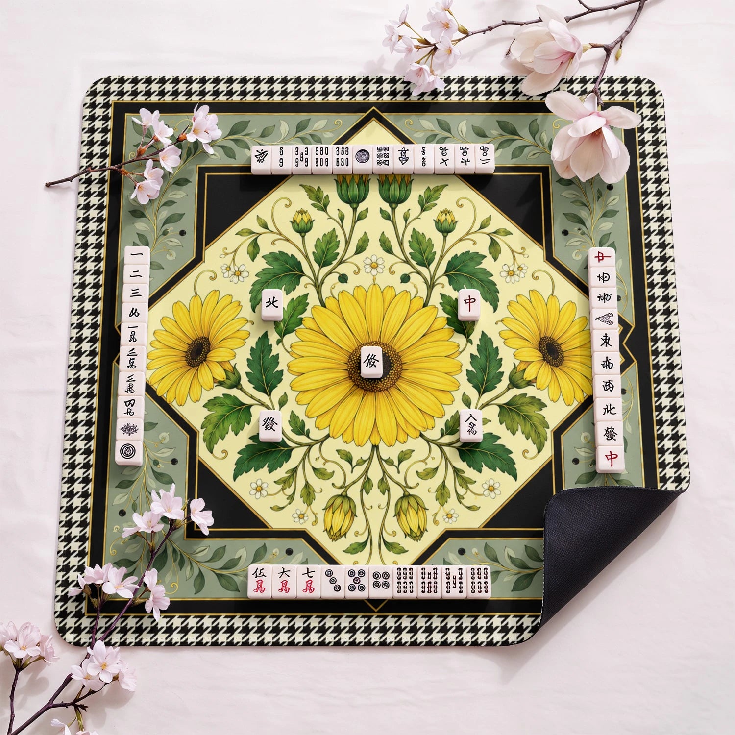 Yellow Daisy design close-up on mahjong mat surface