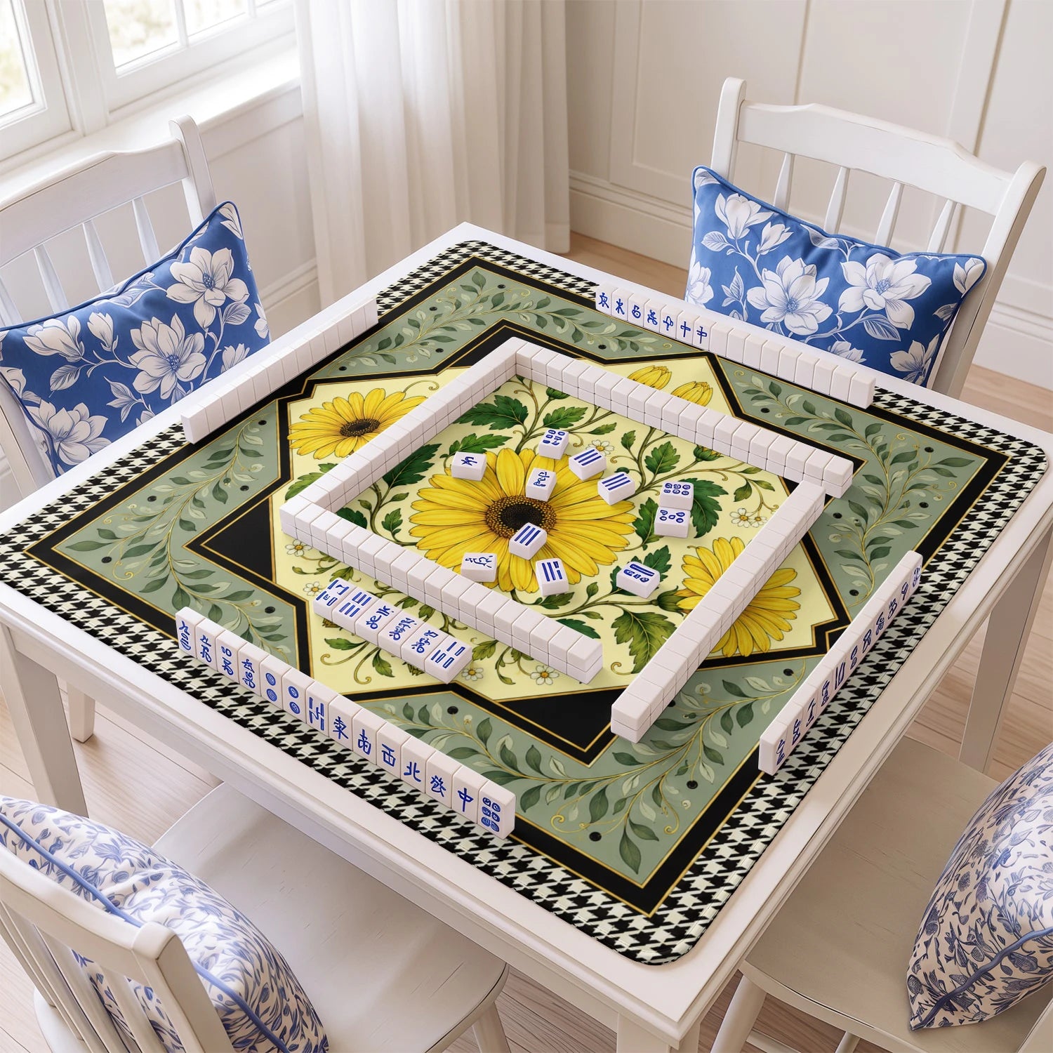 Yellow Daisy mahjong mat with tiles and racks on the table