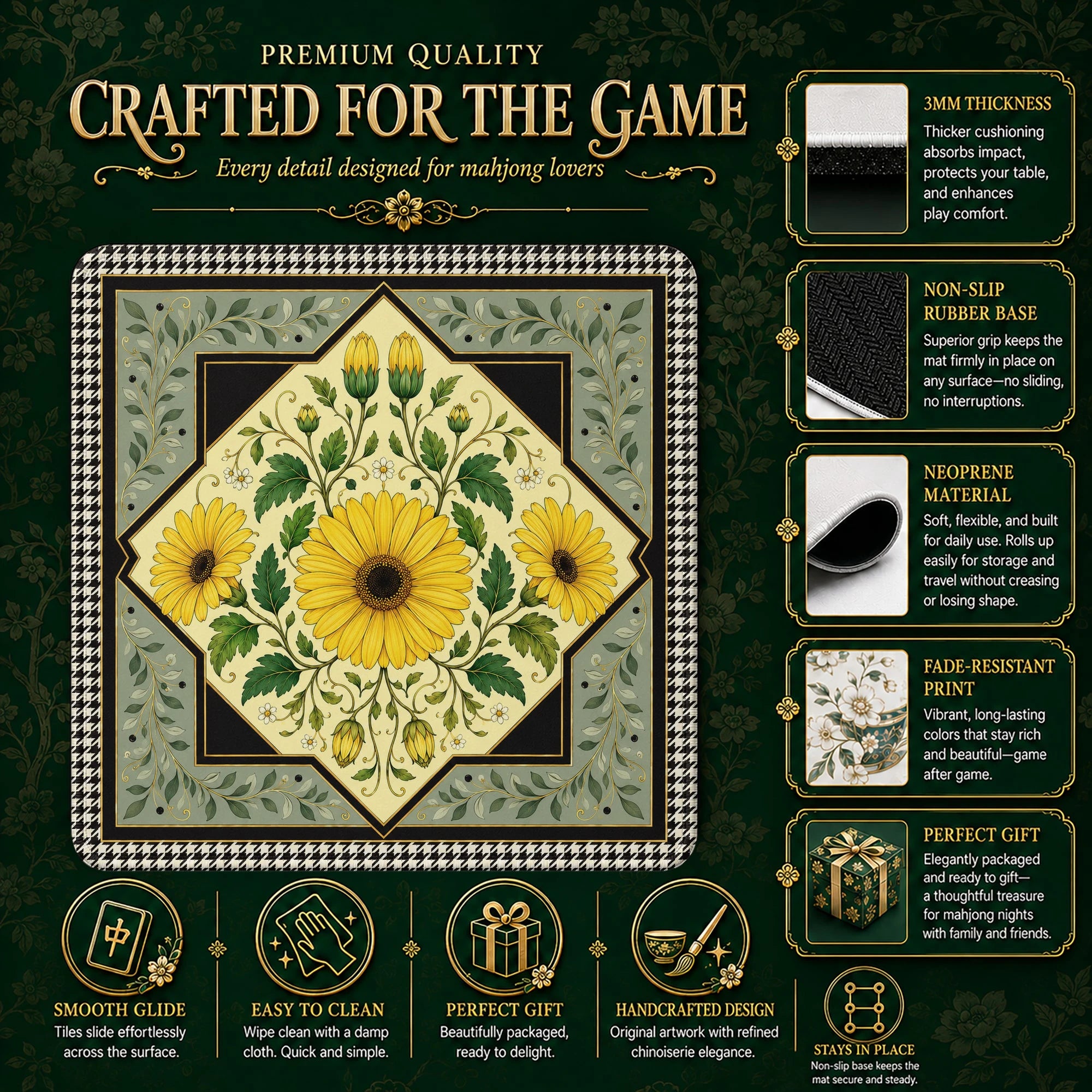 Yellow Daisy Mahjong Mat – neoprene mah jongg table mat