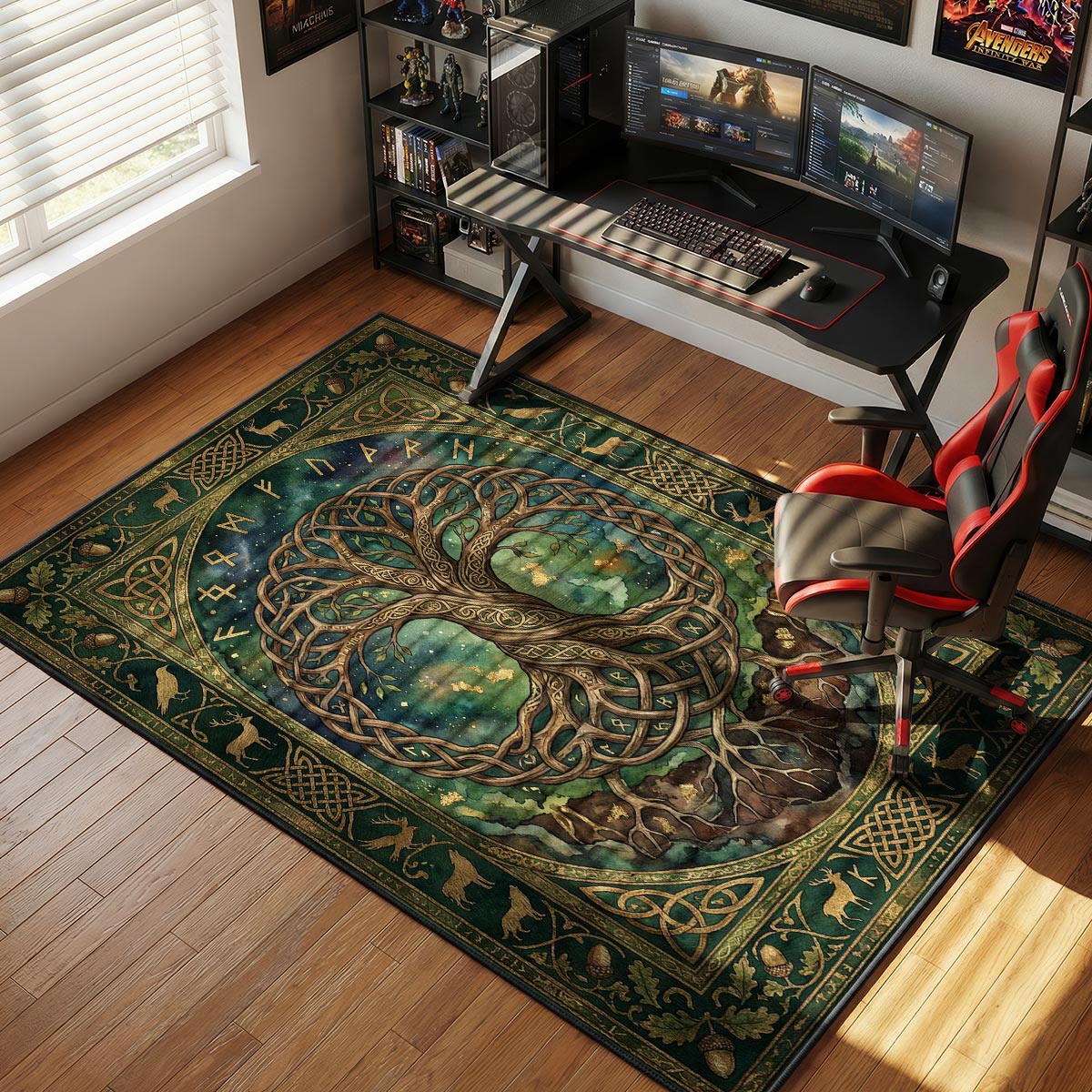 Yggdrasil rug placed in a cabin study beside a stone fireplace with dark wood bookshelves