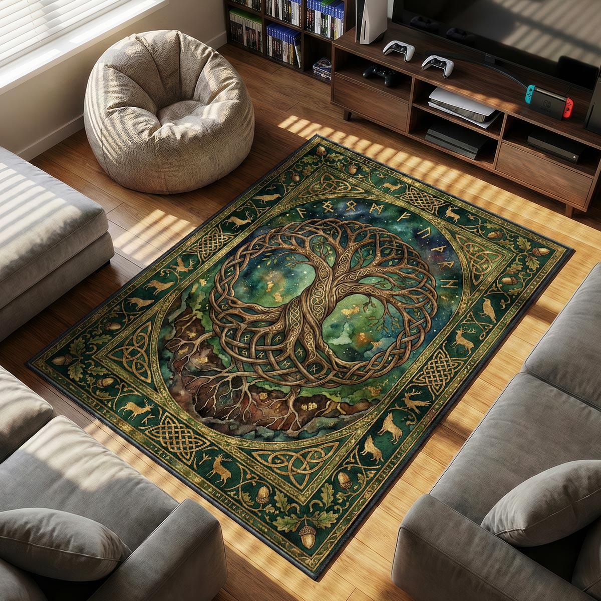 Close-up of Yggdrasil rug showing Celtic knotwork trunk and gold Norse runes on velvet fiber