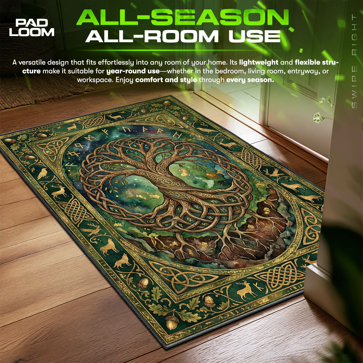 Detailed close-up of Yggdrasil rug pattern