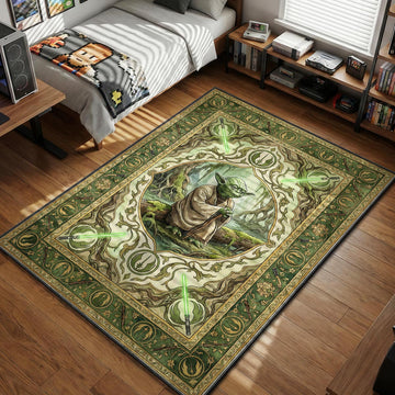 Yoda resting in Dagobah swamp ornate fantasy border art style movie themed area rug and home theater mat