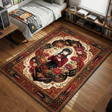 Yor Forger drinking tea gently surrounded by red flowers and daggers in a floral Persian style area rug and floor mat