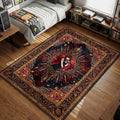 Yor Forger in her black assassin dress holding stilettos surrounded by red roses in a dark gothic Persian style area rug and floor mat