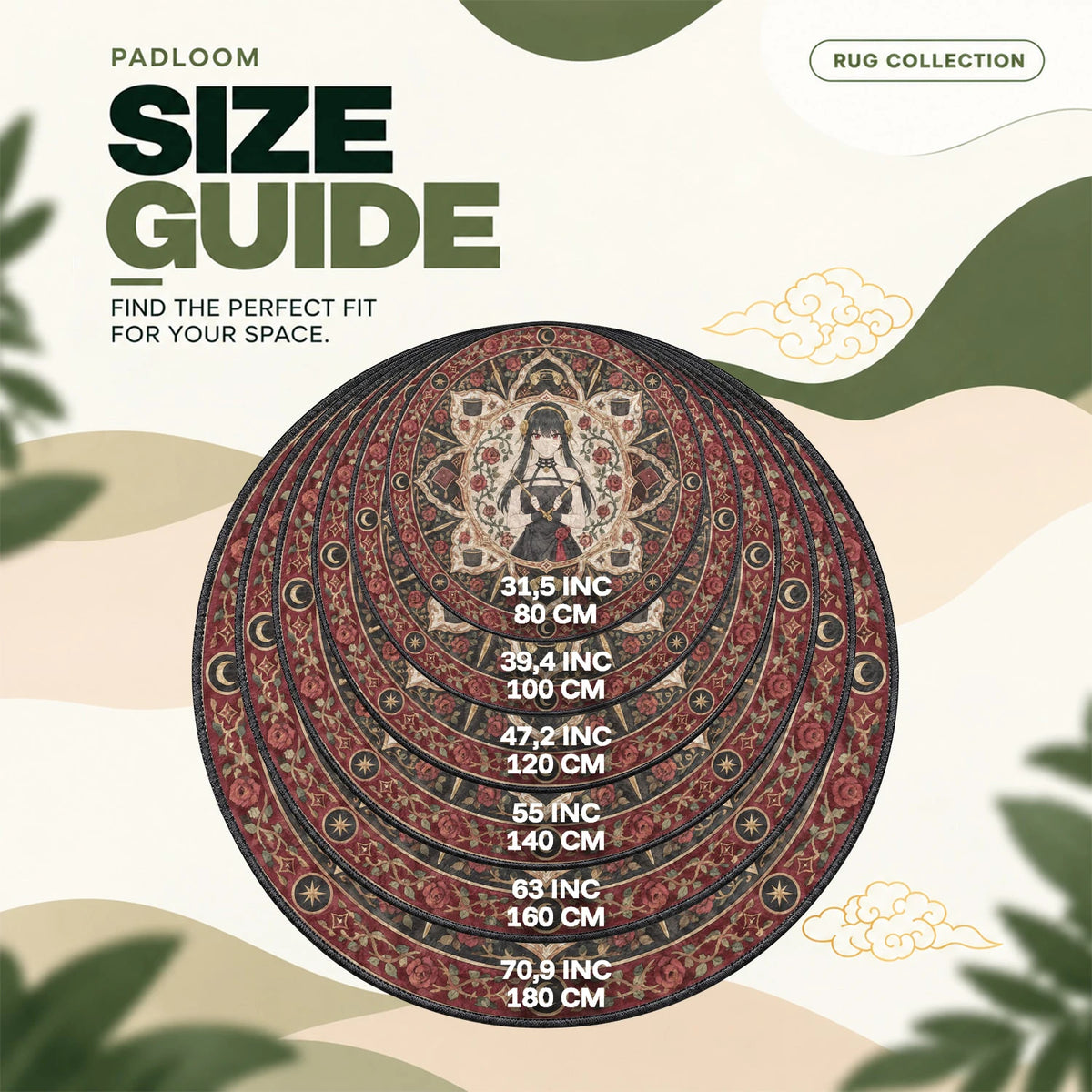 Yor Rose round rug size guide, 80 to 180 cm (31.5 to 70.9 in)