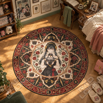 Yor Rose Spy x Family round rug on a bedroom floor - Spy x Family chair mat