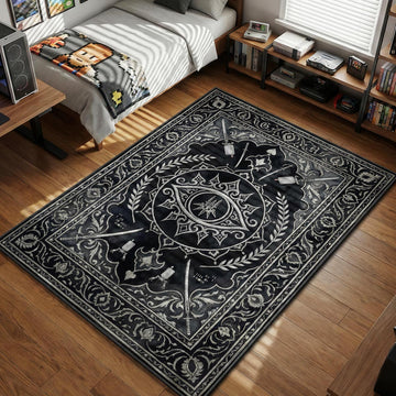YoRHa emblem with eye symbol and crossed swords in silver and black gothic style gaming area rug and floor mat