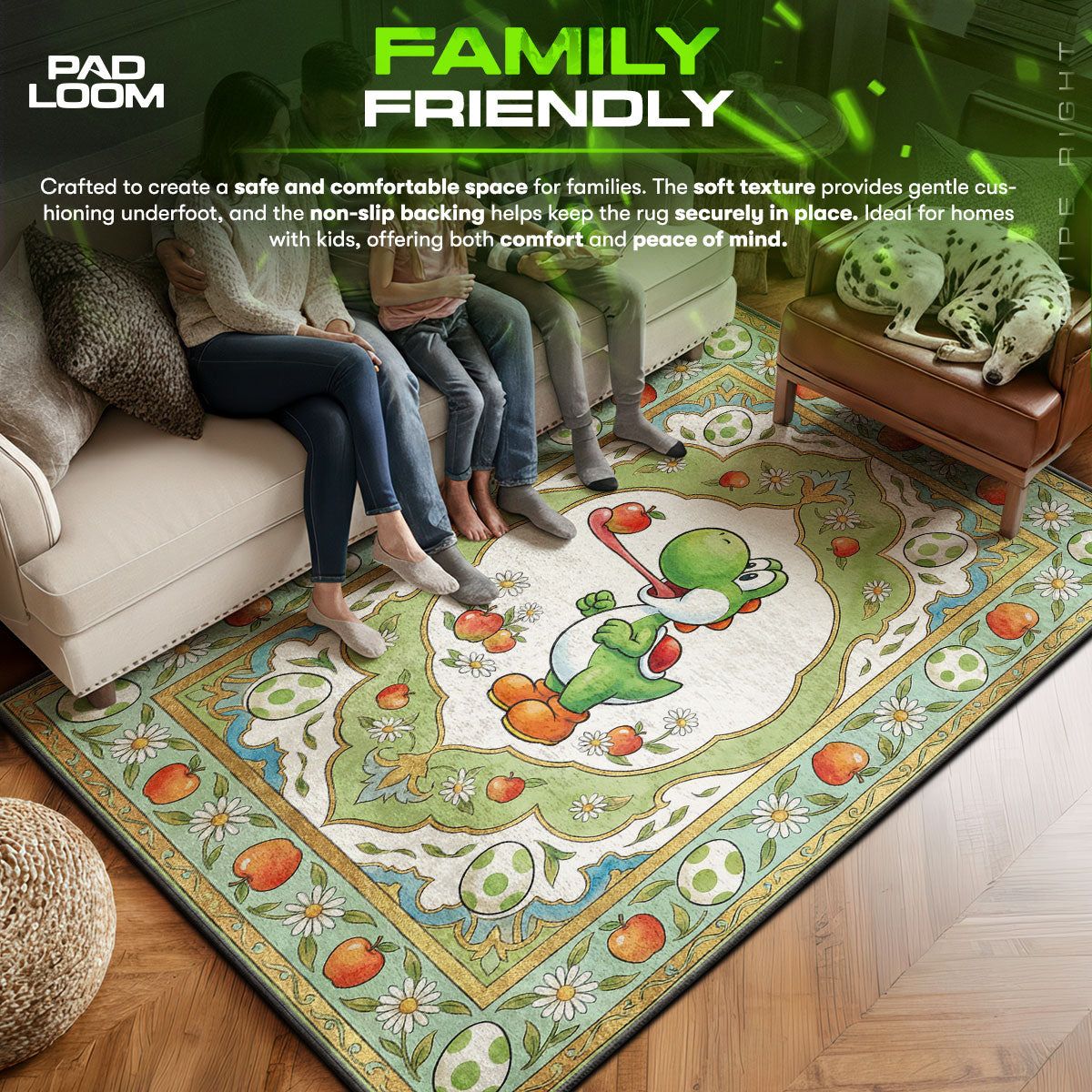 Yoshi area rug showing full home decor artwork