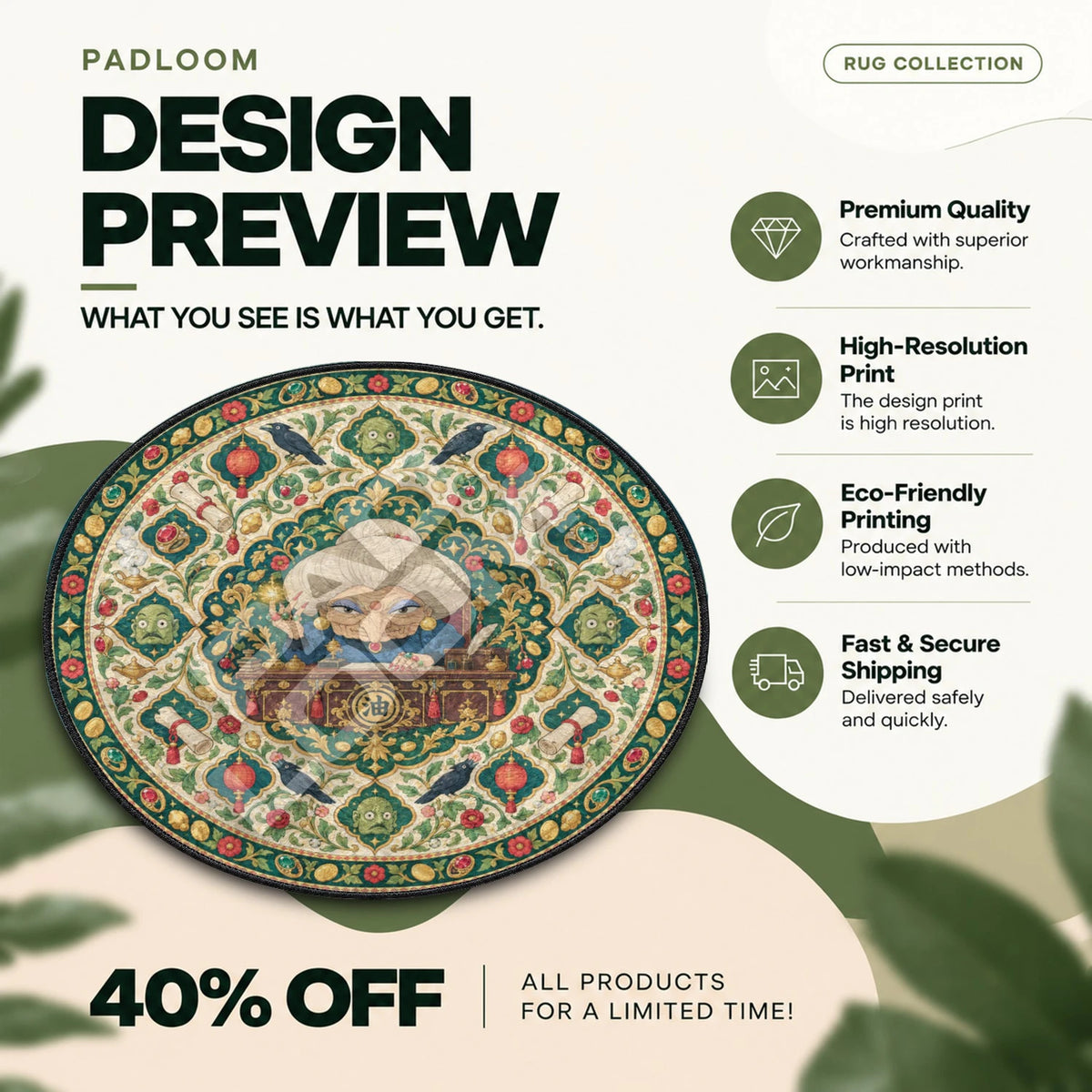 Yubaba Gold Studio Ghibli round rug full design preview