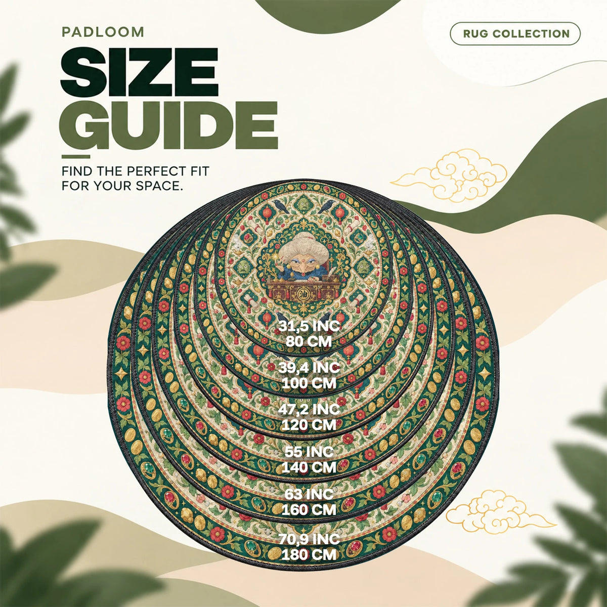 Yubaba Gold round rug size guide, 80 to 180 cm (31.5 to 70.9 in)