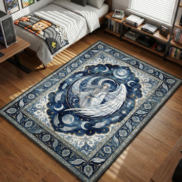 Yue the Moon Guardian with large white wings resting on a crescent moon surrounded by crystals and stars celestial art style area rug and floor mat
