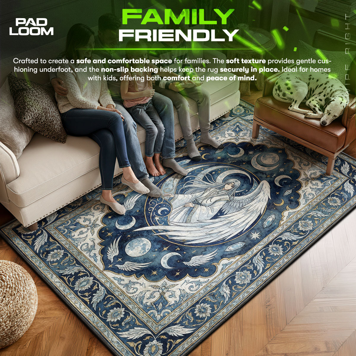 Yue area rug showing full home decor artwork