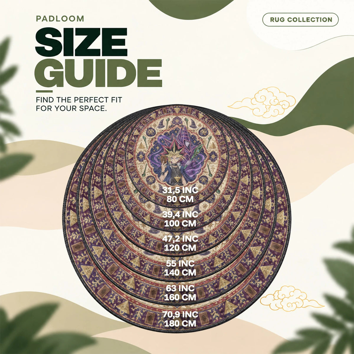 Yugi Summoning round rug size guide, 80 to 180 cm (31.5 to 70.9 in)