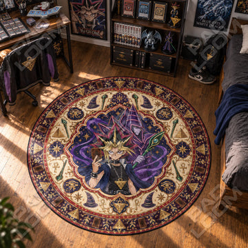 Yugi Summoning Yu-Gi-Oh round rug on a bedroom floor - Yu-Gi-Oh chair mat