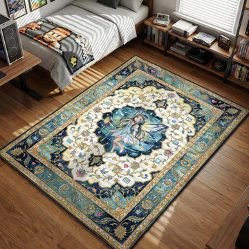 Yui floating with digital screens and hearts in floral border area rug and floor mat